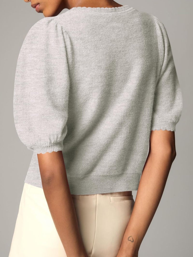 Saodimallsu Womens Puff Short Sleeve Cardigan Lightweight Summer Button Down Shirts Knit Crew Neck Sweater Tops Grey - Image 5