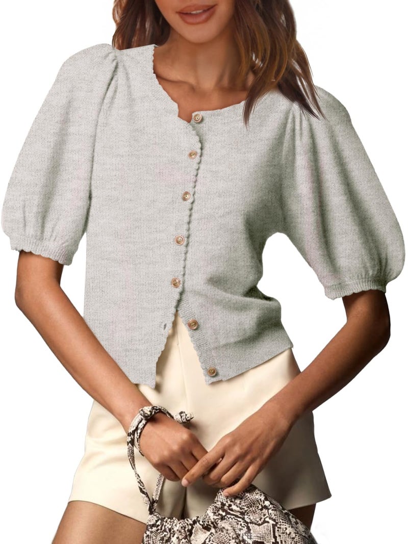 Saodimallsu Womens Puff Short Sleeve Cardigan Lightweight Summer Button Down Shirts Knit Crew Neck Sweater Tops Grey - Image 1