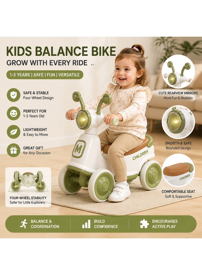 4 Wheel Toddler Balance Bike for 1-3 Years Old Kids, BPA-Free ABS No-Pedal Walking Scooter with Light & Music, Anti-Tip Stable Baby Ride On Toy Holds Up 25KG - Image 4