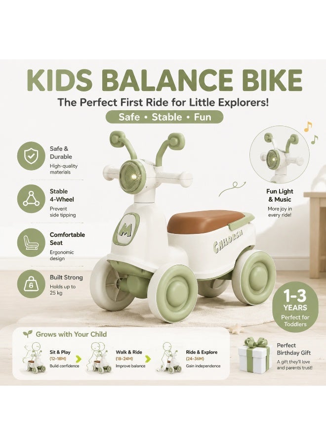 4 Wheel Toddler Balance Bike for 1-3 Years Old Kids, BPA-Free ABS No-Pedal Walking Scooter with Light & Music, Anti-Tip Stable Baby Ride On Toy Holds Up 25KG - Image 2