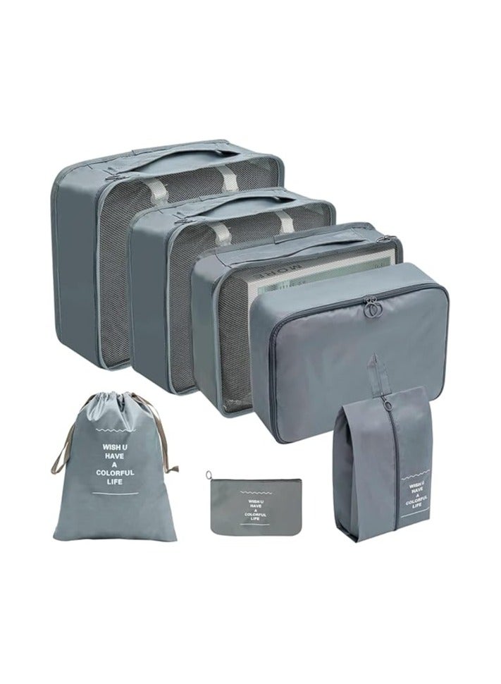 Luggage Organizer, Set of 7 Waterproof Packing Cubes Travel Organizer Bag Storage, Space Savers Bags Cosmetics/Underwear/Socks/Shoes Organizer Makeup Bags Organizer Packing Cubes with Shoe Bag for travel - Travel Set  (Gray) - Image 1