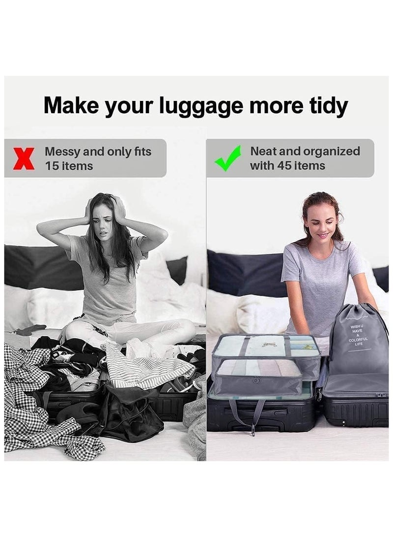 Luggage Organizer, Set of 7 Waterproof Packing Cubes Travel Organizer Bag Storage, Space Savers Bags Cosmetics/Underwear/Socks/Shoes Organizer Makeup Bags Organizer Packing Cubes with Shoe Bag for travel - Travel Set  (Gray) - Image 2