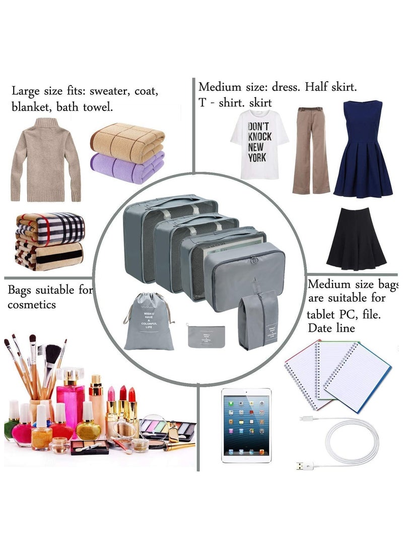 Luggage Organizer, Set of 7 Waterproof Packing Cubes Travel Organizer Bag Storage, Space Savers Bags Cosmetics/Underwear/Socks/Shoes Organizer Makeup Bags Organizer Packing Cubes with Shoe Bag for travel - Travel Set  (Gray) - Image 4