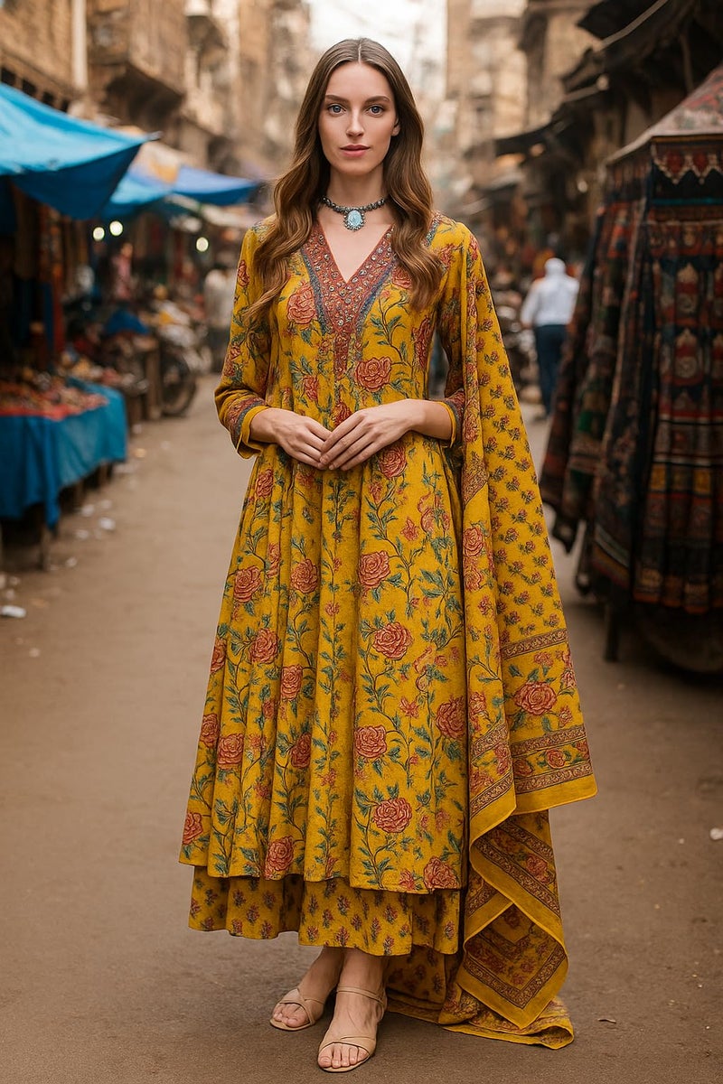 LookMark Women's Cotton Blend Printed Kurta with Pant & Dupatta| Kurta with Pants and Dupatta Set_AZ-LM-KS2171 Yellow_CG2-S - Image 2
