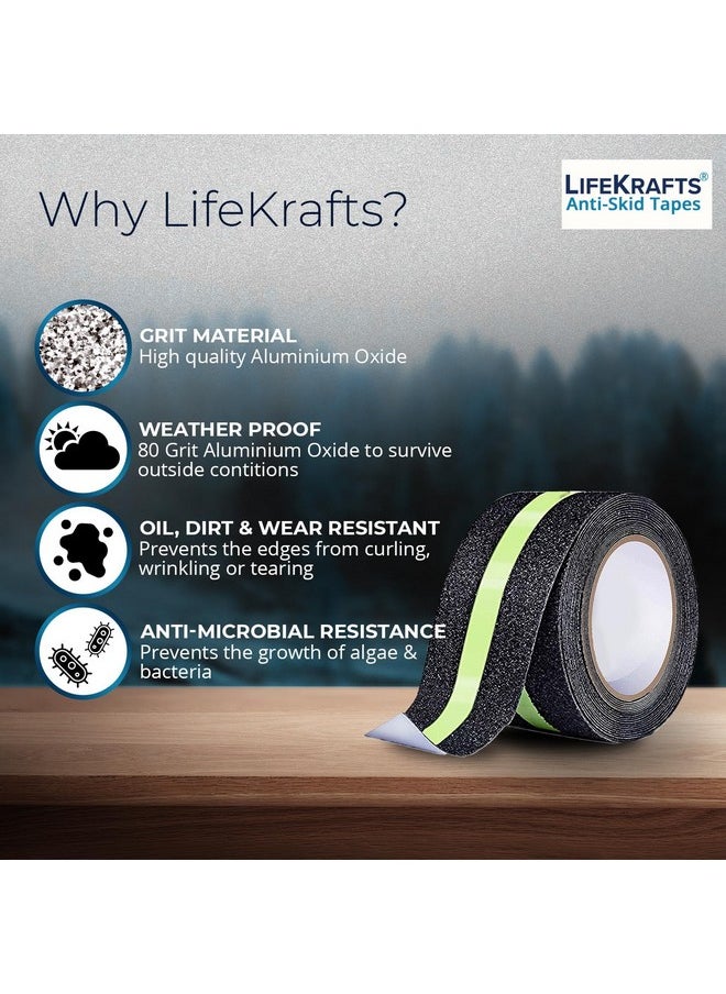لايف كرافتس - شريط مضاد للانزلاق من LifeKrafts للسلالم، شريط أسود ومتوهج للسلالم والأرضيات والمنحدرات، شريط لاصق شديد التحمل غير قابل للانزلاق | أسود - متوهج 10 متر × 50 مم | شريط أمان مضاد للانزلاق - Image 1