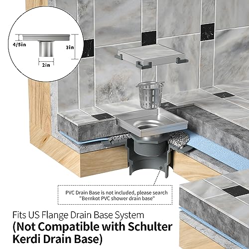 Bernkot Square Shower Drain 6", Brushed Floor Drain with Tiled Insert Grate & Hair Strainer, 304 Stainless Steel Bathroom 2-in-1 Tiled in Drain, CUPC Certified (Brushed, 6'') - Image 5