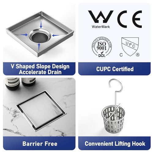 Bernkot Square Shower Drain 6", Brushed Floor Drain with Tiled Insert Grate & Hair Strainer, 304 Stainless Steel Bathroom 2-in-1 Tiled in Drain, CUPC Certified (Brushed, 6'') - Image 2