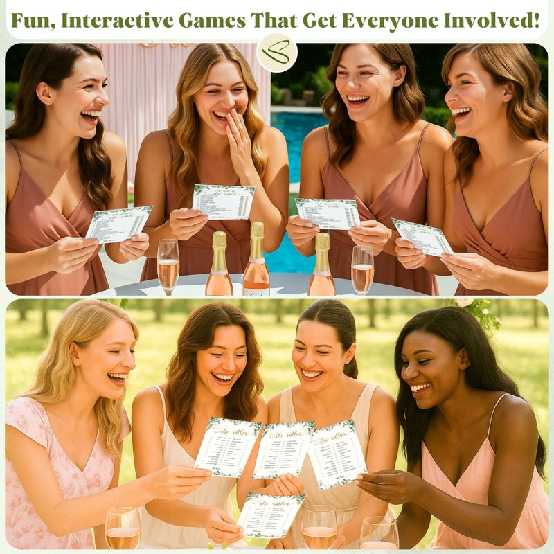 STOFINITY Greenery Bridal Shower Games for 30 Guests - 4 Funny Wedding Games for Bridal Shower Decorations, Eucalyptus Find The Guest Bingo Would She Rather Game Ideas for Wedding Reception - Image 4