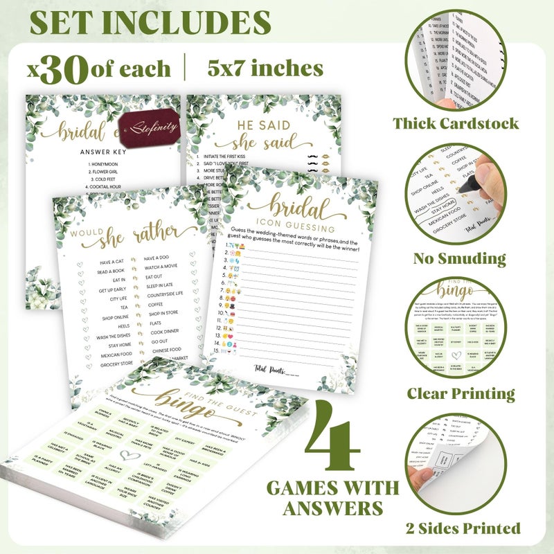 STOFINITY Greenery Bridal Shower Games for 30 Guests - 4 Funny Wedding Games for Bridal Shower Decorations, Eucalyptus Find The Guest Bingo Would She Rather Game Ideas for Wedding Reception - Image 2