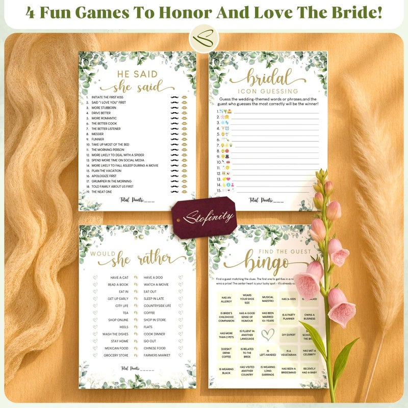 STOFINITY Greenery Bridal Shower Games for 30 Guests - 4 Funny Wedding Games for Bridal Shower Decorations, Eucalyptus Find The Guest Bingo Would She Rather Game Ideas for Wedding Reception - Image 3