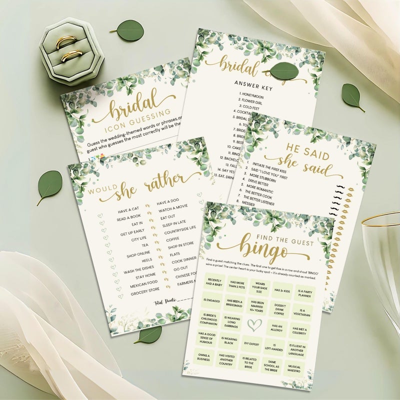 STOFINITY Greenery Bridal Shower Games for 30 Guests - 4 Funny Wedding Games for Bridal Shower Decorations, Eucalyptus Find The Guest Bingo Would She Rather Game Ideas for Wedding Reception - Image 1