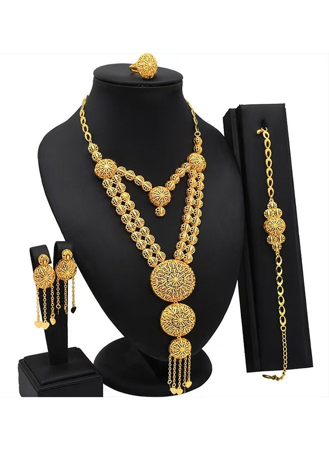 Generic 24K Gold-Plated Arabian Bride Necklace Earrings Ring Bracelet 4-Piece Wedding Jewelry Set Custom Jewelry  - Image 2
