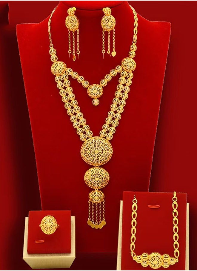 Generic 24K Gold-Plated Arabian Bride Necklace Earrings Ring Bracelet 4-Piece Wedding Jewelry Set Custom Jewelry  - Image 1