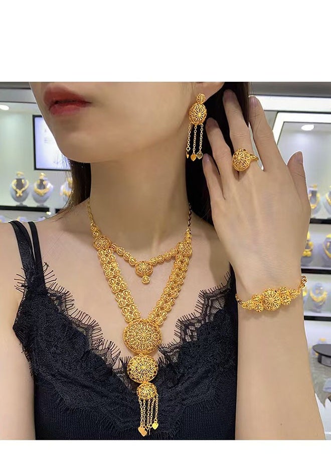 Generic 24K Gold-Plated Arabian Bride Necklace Earrings Ring Bracelet 4-Piece Wedding Jewelry Set Custom Jewelry  - Image 3