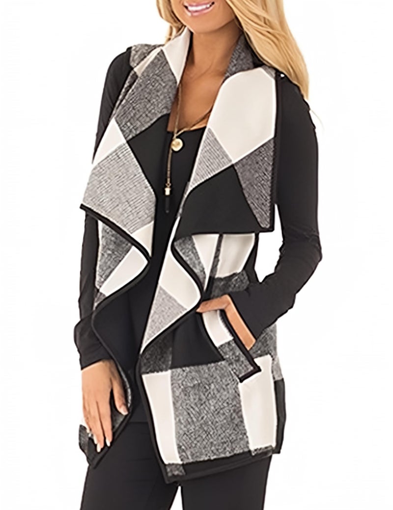 Unidear Womens Turn Down Collar Open Front Sleeveless Drape Cardigan Sweaters Coat with Pocket Black XL