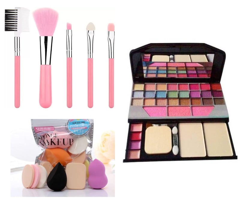 Womens and Girls TYA Fashion 6155 Multicolour Makeup Kit with 5 Pink Makeup Brushes Set and 6in1 Beauty Makeup Sponges Pack of 12 - Image 1