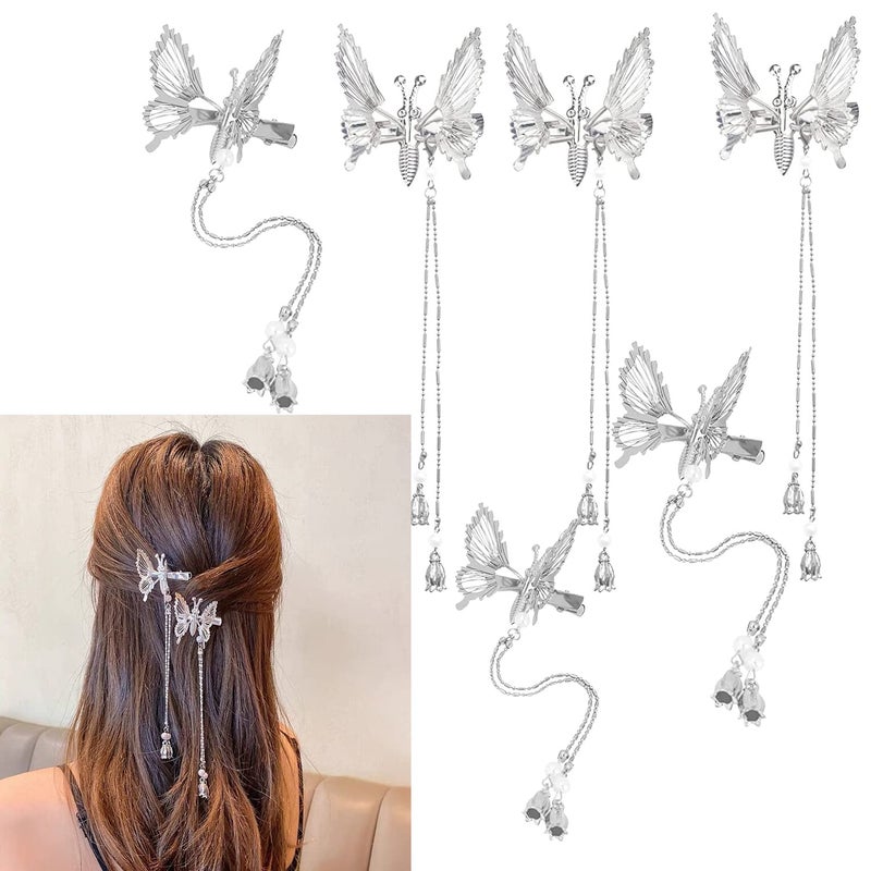 Flymind 6Pcs Moving Butterfly Tassel Hair Clips, Elegant Antique Side Hairpins Decorative Accessories for Women Girls (Silver) - Image 1