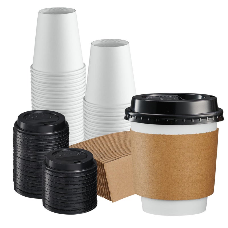 Gusto أكواب قهوة قابلة للتصرف سعة 10 أونص مع أغطية وأكمام 50 مجموعة للسفر واستخدام المكتب