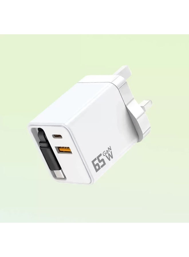 65W Retractable USB C Charger with Type C Cable and 2 USB Ports, PD PPS Fast Charging Block with Foldable Plug for iPhone 17 16 15 14 13 12 11, Galaxy, LG, Pixel, Tablet(White) - Image 1