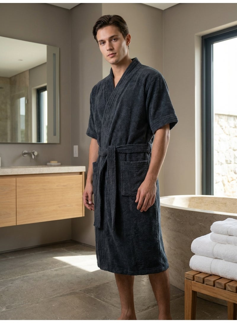 Ambrosia 100% Cotton Medium Dark Grey Terry Bathrobe Luxor Unisex for Men and Women, Premium Highly Absorbent Spa Hotel Quality Loungewear Housecoat with Cozy Wearable Blanket Feel - Image 3