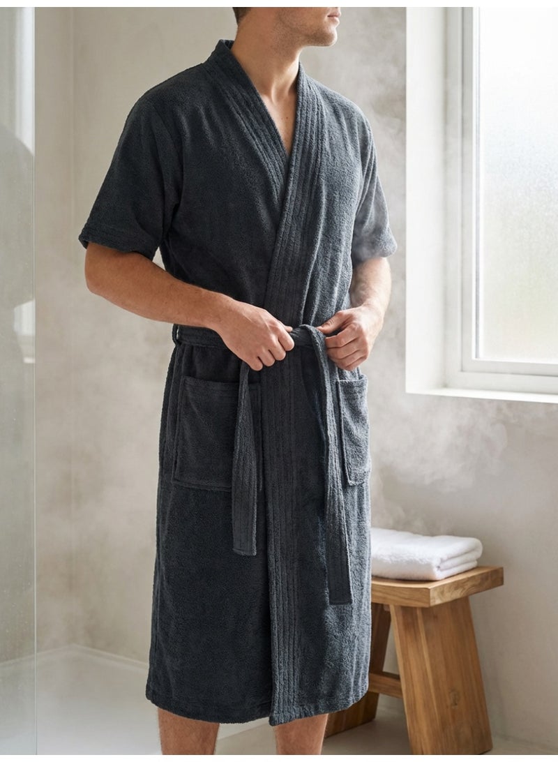 Ambrosia 100% Cotton Medium Dark Grey Terry Bathrobe Luxor Unisex for Men and Women, Premium Highly Absorbent Spa Hotel Quality Loungewear Housecoat with Cozy Wearable Blanket Feel - Image 4