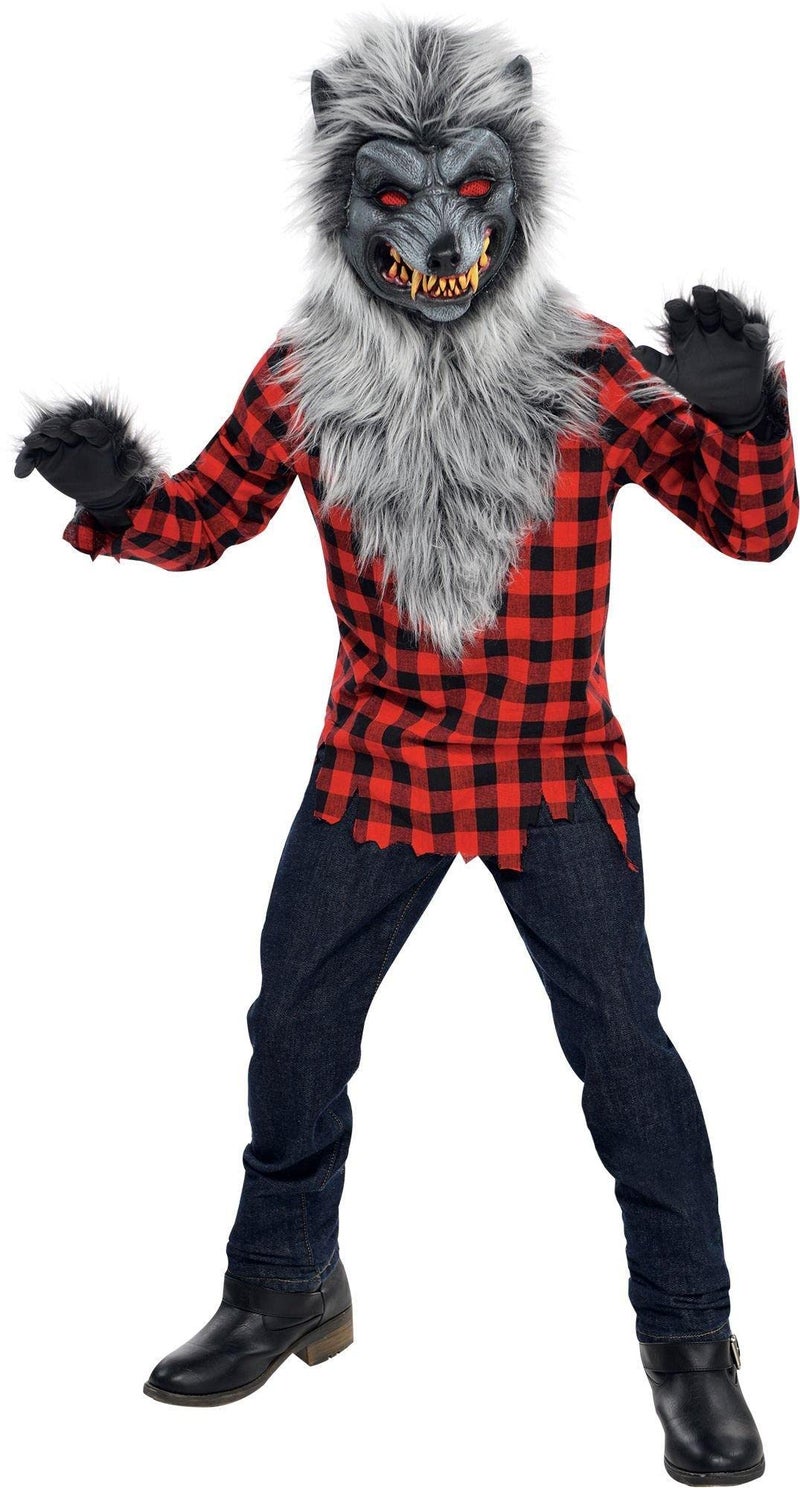 Amscan Hungry Howler Werewolf Costume for Kids, Large (12-14), with Plaid Shirt, Furry Mask and Gloves - Image 1
