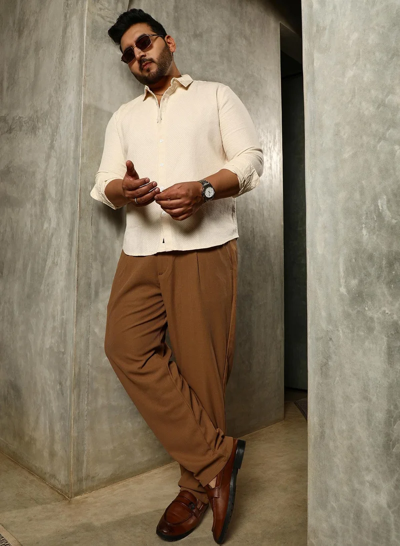 Instafab Plus  Instafab Plus Men's Cream White Slanted-Trough Shirt For Casual Wear | Spread Collar | Long Cuffed Sleeves | Button Closure | Plus Size Shirt Crafted With Comfort Fit For Everyday Wear for Men | Best Price UAE