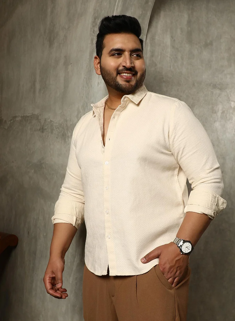 Instafab Plus  Instafab Plus Men's Cream White Slanted-Trough Shirt For Casual Wear | Spread Collar | Long Cuffed Sleeves | Button Closure | Plus Size Shirt Crafted With Comfort Fit For Everyday Wear for Men | Best Price UAE