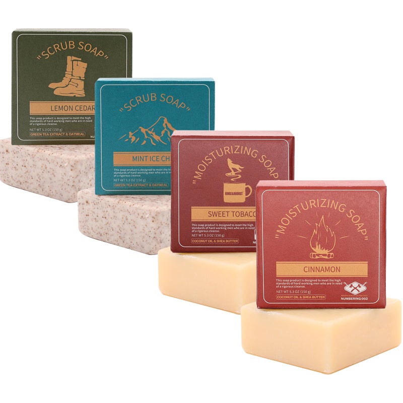 Rinse & Robust Mens Bar Soap Cleansing Bar Moisturizing & Exfoliating Scrub Soap Gift Set for Men | 4 in 1 Face Body Hand Beard Wash | Cinnamon, Lemon Cedar, Mint Ice Chips, Tobacco | 5.3 oz of 4 Bars - Image 1