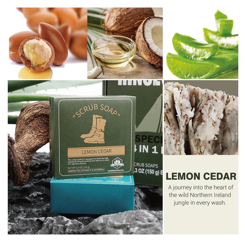 Rinse & Robust Mens Bar Soap Cleansing Bar Moisturizing & Exfoliating Scrub Soap Gift Set for Men | 4 in 1 Face Body Hand Beard Wash | Cinnamon, Lemon Cedar, Mint Ice Chips, Tobacco | 5.3 oz of 4 Bars - Image 5