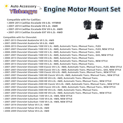 Yllshengyu 3Pcs Engine Motor Transmission Mount Kit Compatible with Silverado 1500 /Tahoe Suburban 2500 /Avalanche & Sierra 1500 /Yukon & Escalade ESV Replacement for A5365 A5365 A2638 - Image 2