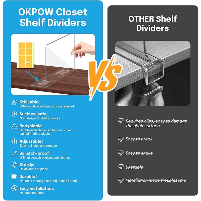 OKPOW Shelf Dividers Closet Organizer - 12 Tall X 11.8 Deep Acrylic Clear Sturdy Separate for Clothes Purse - Adjustable Space Saver Easy Install for Home Organization Enthusiasts 8 Pack - Image 2