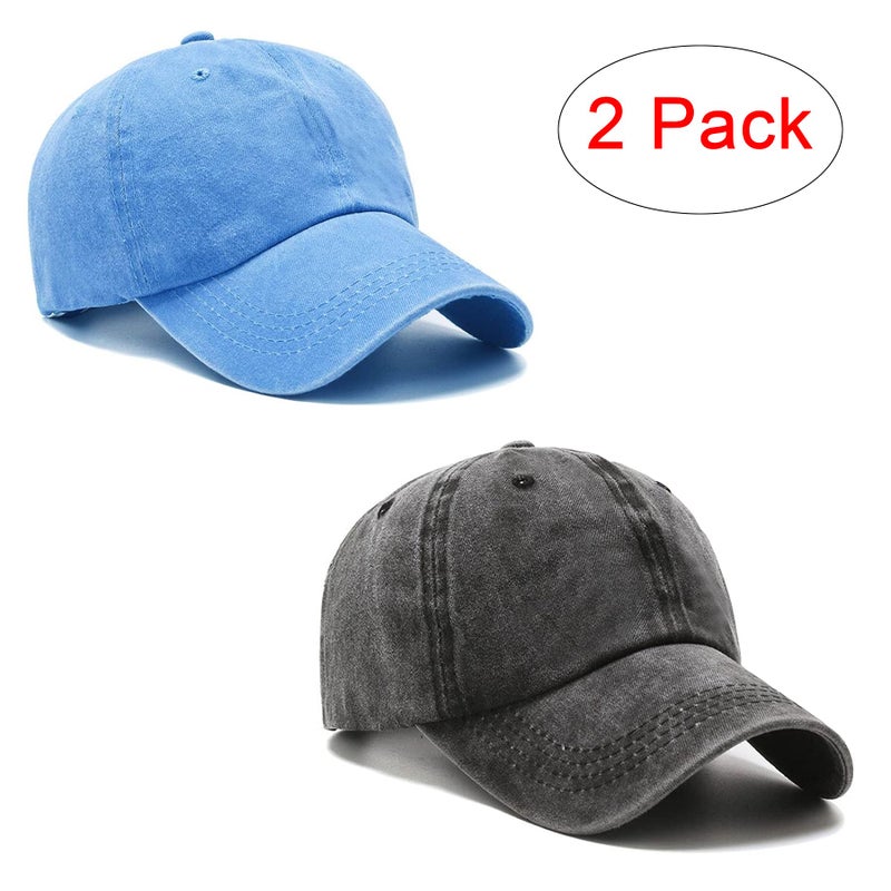 PFFY 2 Packs Vintage Washed Distressed Baseball Cap Dad Golf Hat Black+SkyBlue - Image 2
