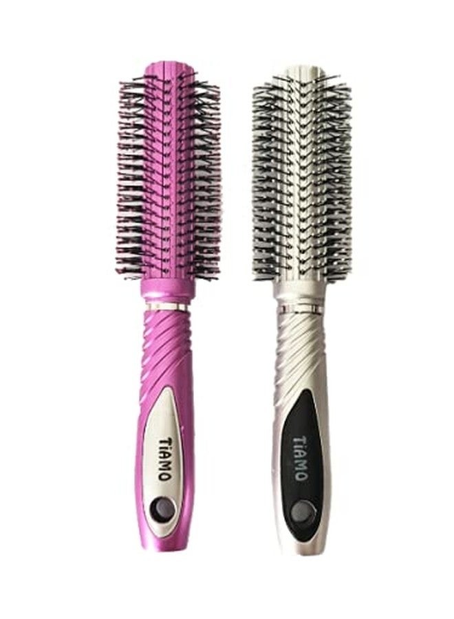 Tiamo Round Plastic Hairbrush set pink and silver for grooming - Image 1