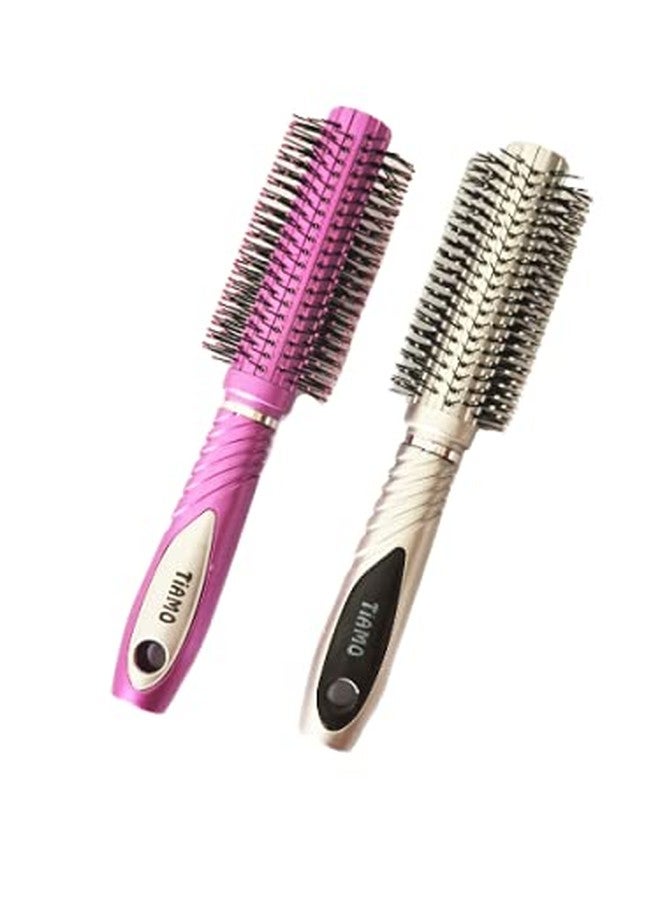 Tiamo Round Plastic Hairbrush set pink and silver for grooming - Image 2