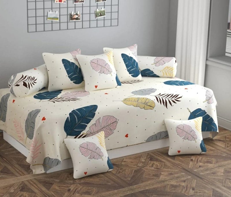 Castiqa Castiqa Microfiber Fabric Abstract Design 8 Pcs Diwan Set Covers of 1 Bedsheet 60 x 90 inch 2 Bolster Covers 16 x 32 inch 5 Cushion Covers 16 x 16inch Cream Large  - Image 1