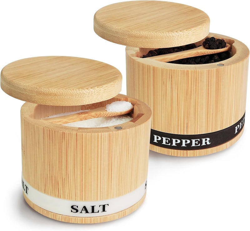 ThougrLyh Salt Box 2Pcs Spice Cellar with Swivel Lid and Spoons Small Bamboo Pepper and Salt Containers with Salt Pepper Labels,Dual 8 oz Capacity Holder for Seasoning and Small Items - Image 1