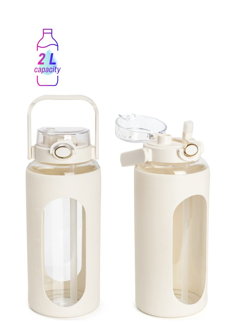 SYOSI 64oz Glass Water Bottles with Straw , Motivational Water Bottle with Silicone Sleeve & Double Drinking Lid Handle, Leakproof & BPA Free Reusable Clear Glass Water Jug (White) - Image 1