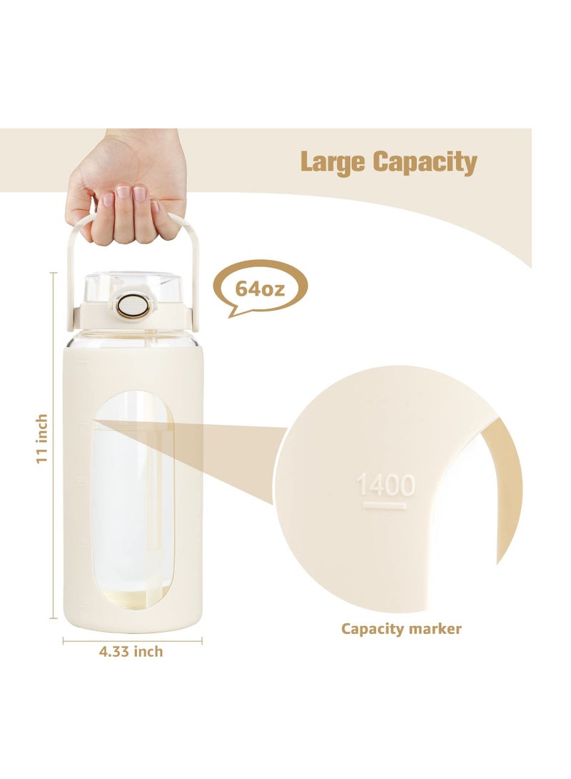 SYOSI 64oz Glass Water Bottles with Straw , Motivational Water Bottle with Silicone Sleeve & Double Drinking Lid Handle, Leakproof & BPA Free Reusable Clear Glass Water Jug (White) - Image 3