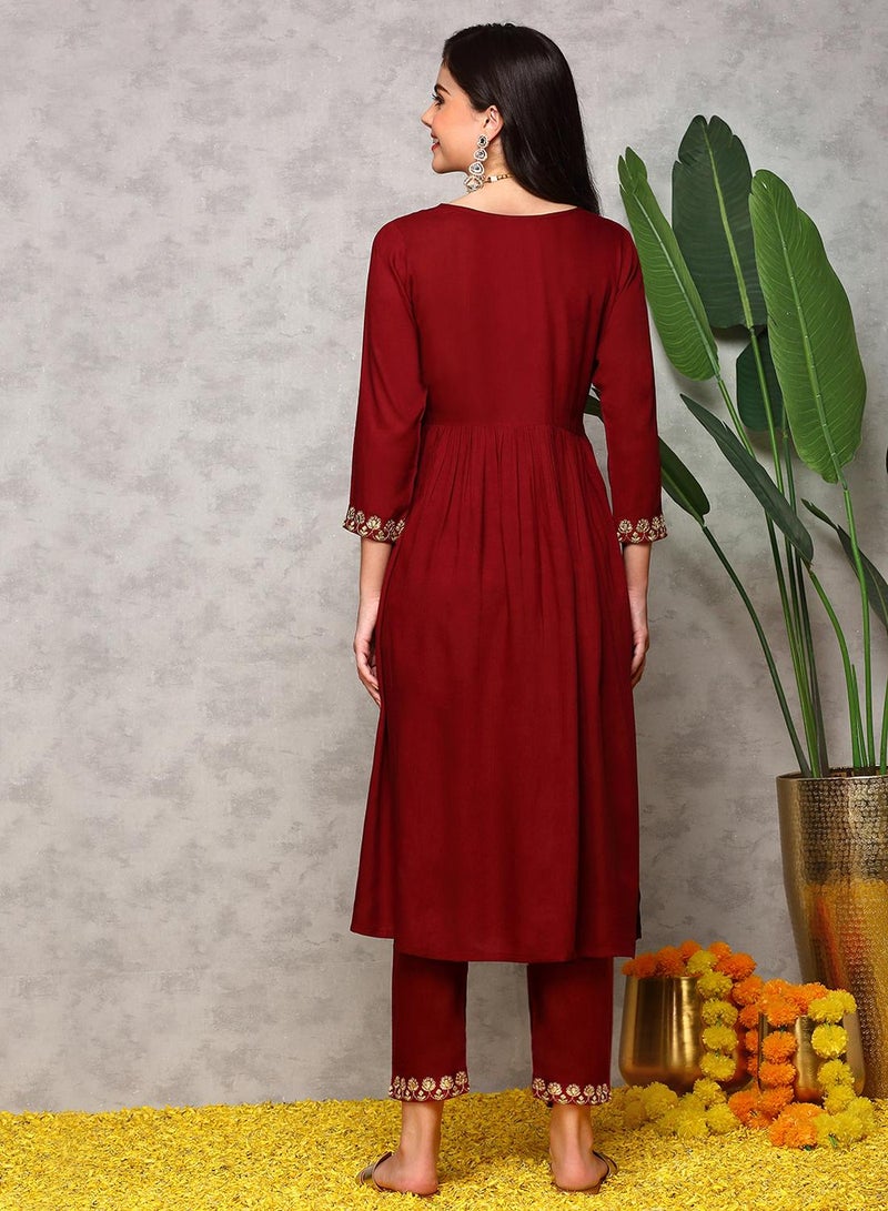 ISHIN Women's Maroon 100% Cotton Embroidered A-Line Kurta Set  - Image 2