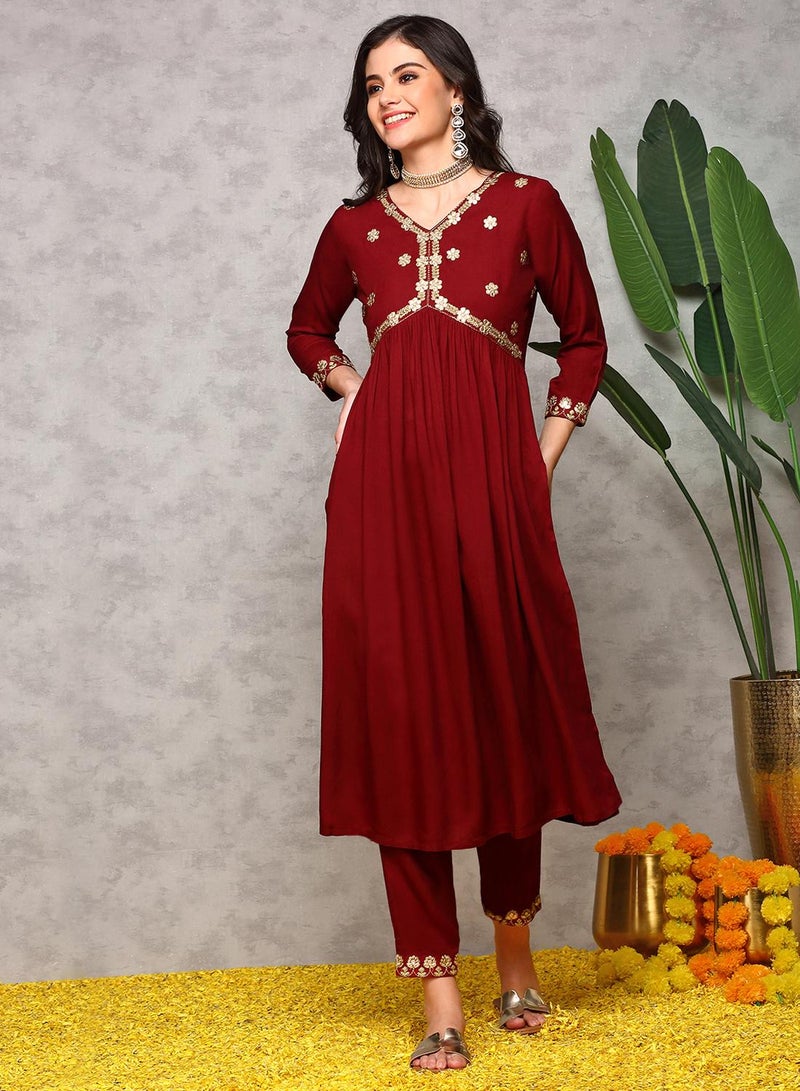 ISHIN Women's Maroon 100% Cotton Embroidered A-Line Kurta Set  - Image 1
