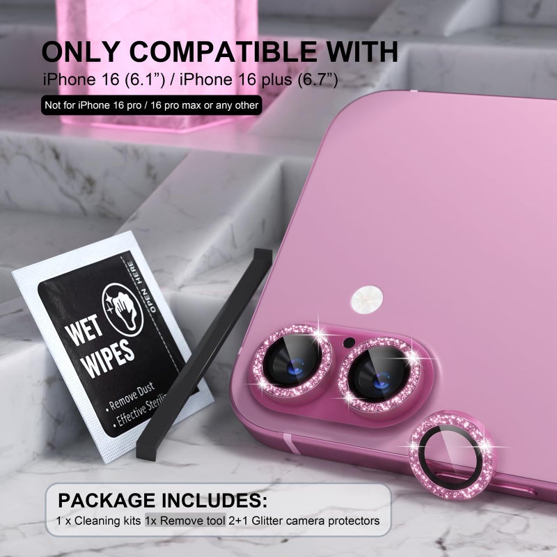 Choiche Compatible for iPhone 16 /iPhone 16 Plus Camera Lens Protector Bling, 9H Tempered Glass Camera Cover Screen Protector Metal Ring Decoration Accessories(Glitter-Pink) - Image 2