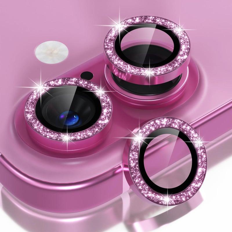 Choiche Compatible for iPhone 16 /iPhone 16 Plus Camera Lens Protector Bling, 9H Tempered Glass Camera Cover Screen Protector Metal Ring Decoration Accessories(Glitter-Pink) - Image 1