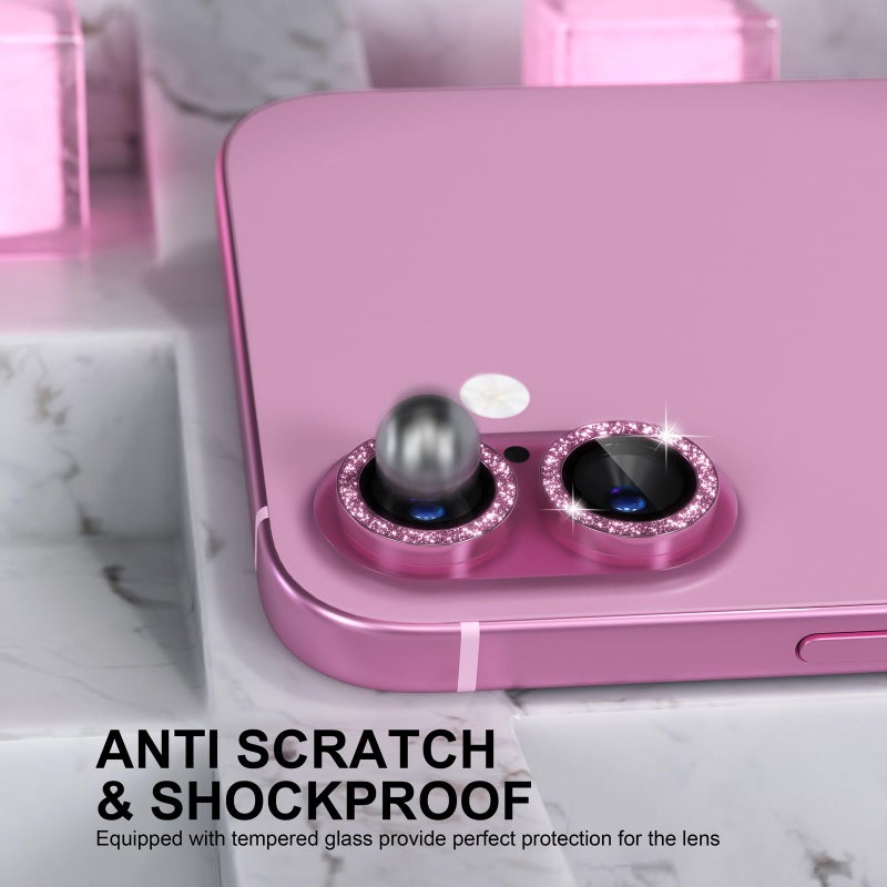 Choiche Compatible for iPhone 16 /iPhone 16 Plus Camera Lens Protector Bling, 9H Tempered Glass Camera Cover Screen Protector Metal Ring Decoration Accessories(Glitter-Pink) - Image 3