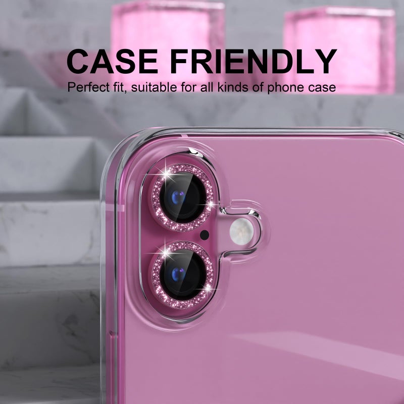 Choiche Compatible for iPhone 16 /iPhone 16 Plus Camera Lens Protector Bling, 9H Tempered Glass Camera Cover Screen Protector Metal Ring Decoration Accessories(Glitter-Pink) - Image 4