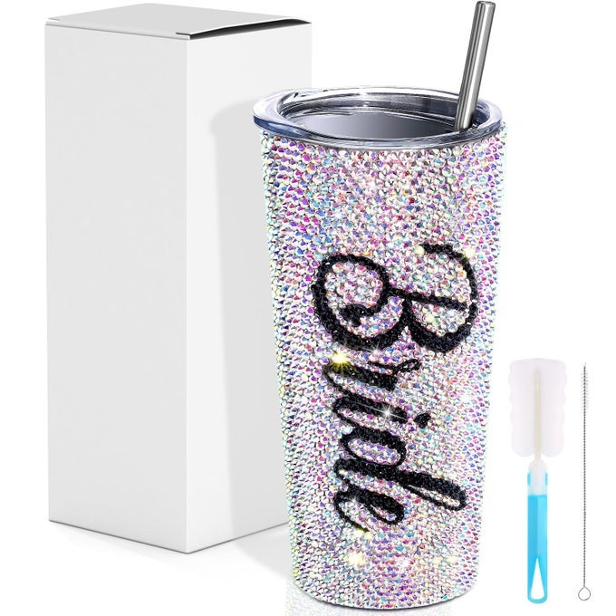 BLING DIAMOND BRIDE TUMBLER 20 OZ BRIDAL INSULATED TUMBLER WITH STRAW AND LID SHOWER GIFTS WEDDING GIFTS FOR BRIDE ENGAGEMENT PARTY BACHELORETTE MAID OF HONOR CUPSTYLISH