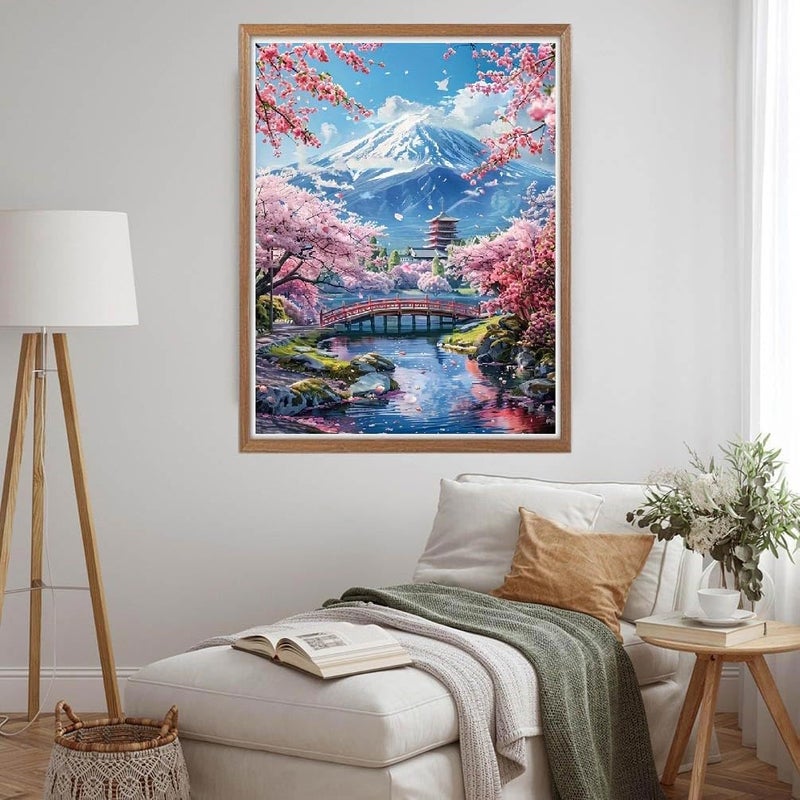 MOMDEDP 5D Mount Fuji Diamond Painting Kits for Adult, Mountain Sakura Diamond Art Kits for Beginners, DIY Full Drill Floral Diamond Dot Gem Art Kits for Home Decor 12 x 16 Inch Cherry - Image 5