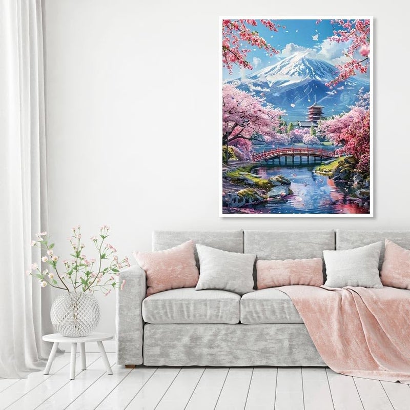 MOMDEDP 5D Mount Fuji Diamond Painting Kits for Adult, Mountain Sakura Diamond Art Kits for Beginners, DIY Full Drill Floral Diamond Dot Gem Art Kits for Home Decor 12 x 16 Inch Cherry - Image 2