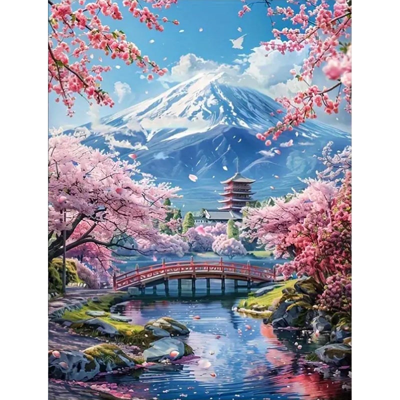 MOMDEDP 5D Mount Fuji Diamond Painting Kits for Adult, Mountain Sakura Diamond Art Kits for Beginners, DIY Full Drill Floral Diamond Dot Gem Art Kits for Home Decor 12 x 16 Inch Cherry - Image 1