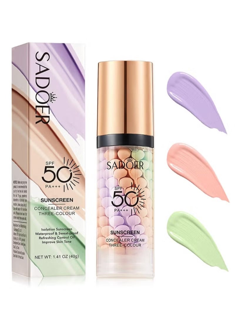 SADOER One Step Color Corrector Tricolor Primer for Face Before Makeup SPF 50 Face Moisturizing Isolation Cream Sweatproof and Oil Control Brightening Daily Primer CrueltyFree - Image 1